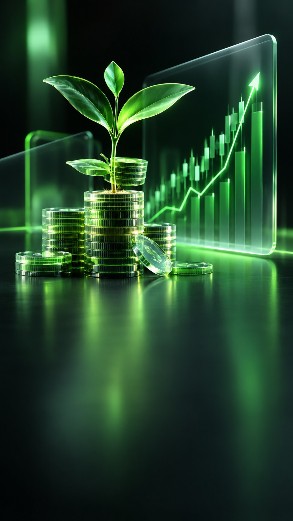 Coins growing from a small plant beside a stock chart