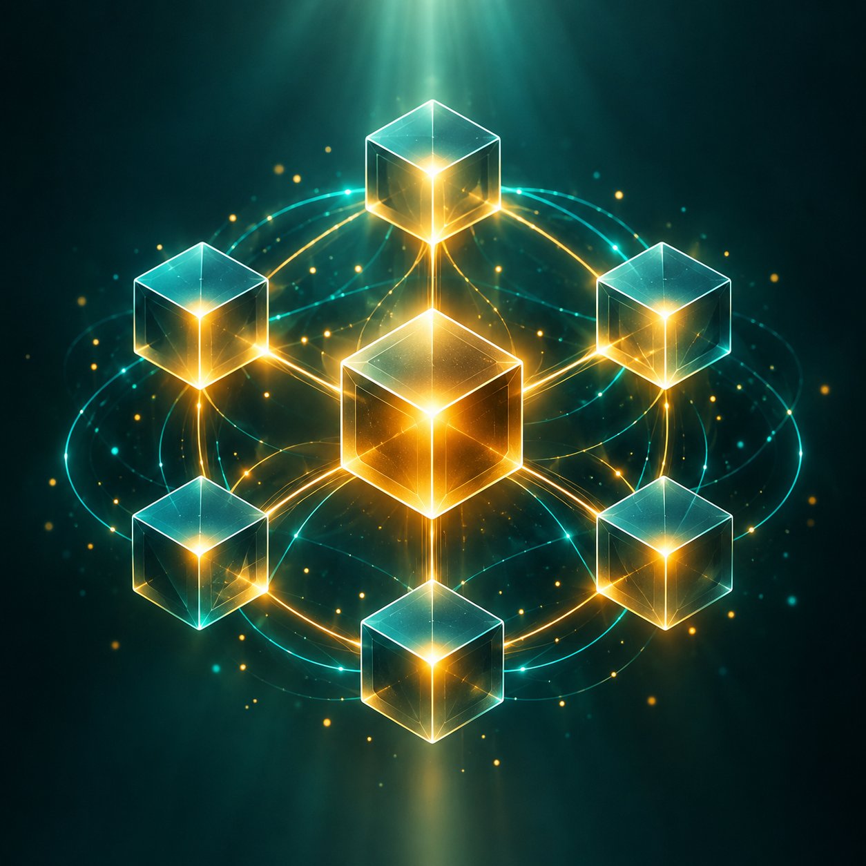 Interlocking glowing geometric tokens forming a decentralized network