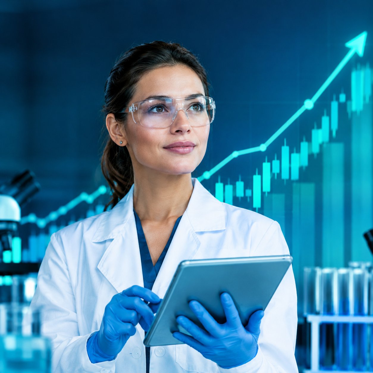 Clean laboratory scene blended with an upward stock chart