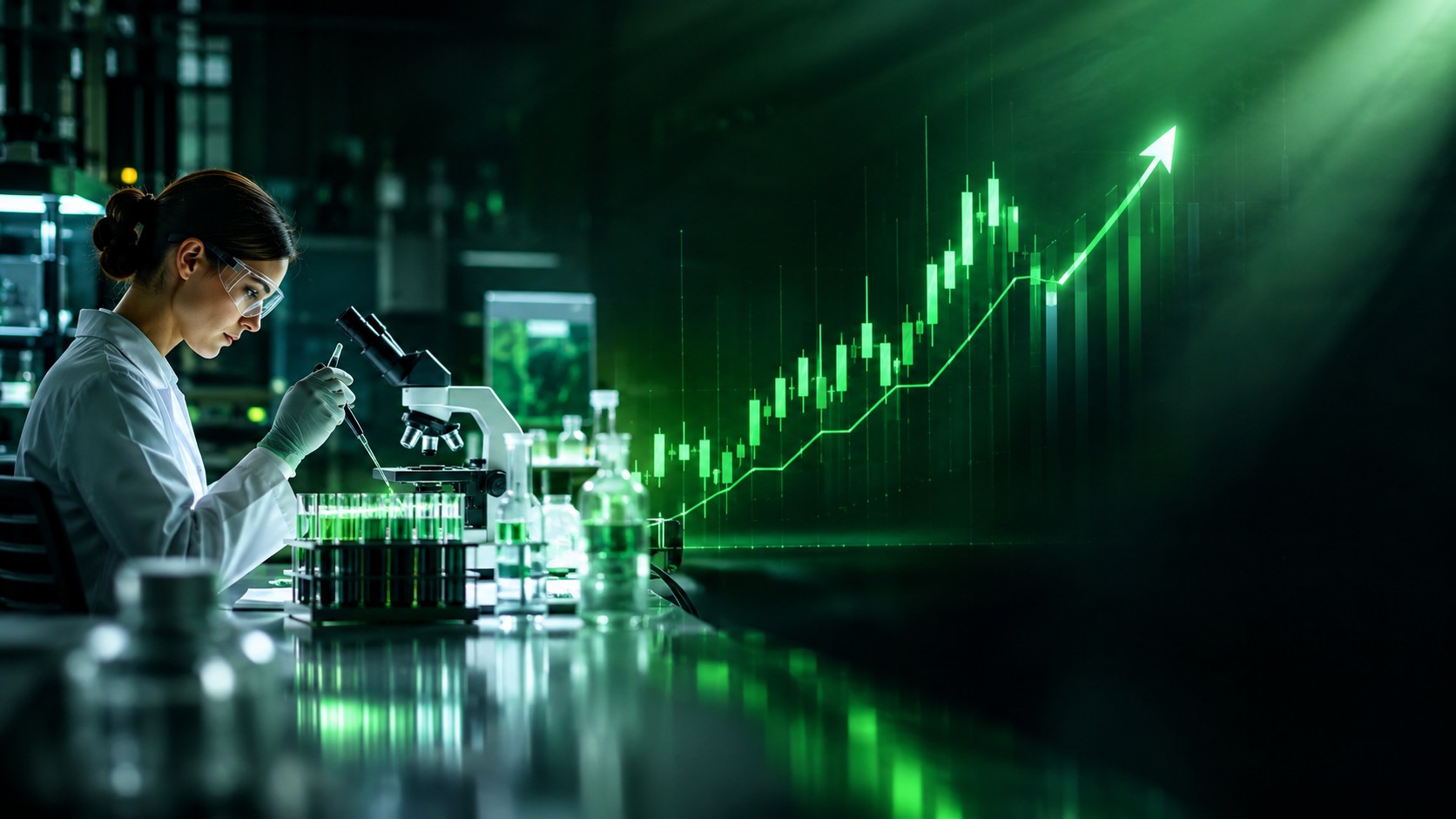 Clean laboratory scene blended with an upward stock chart