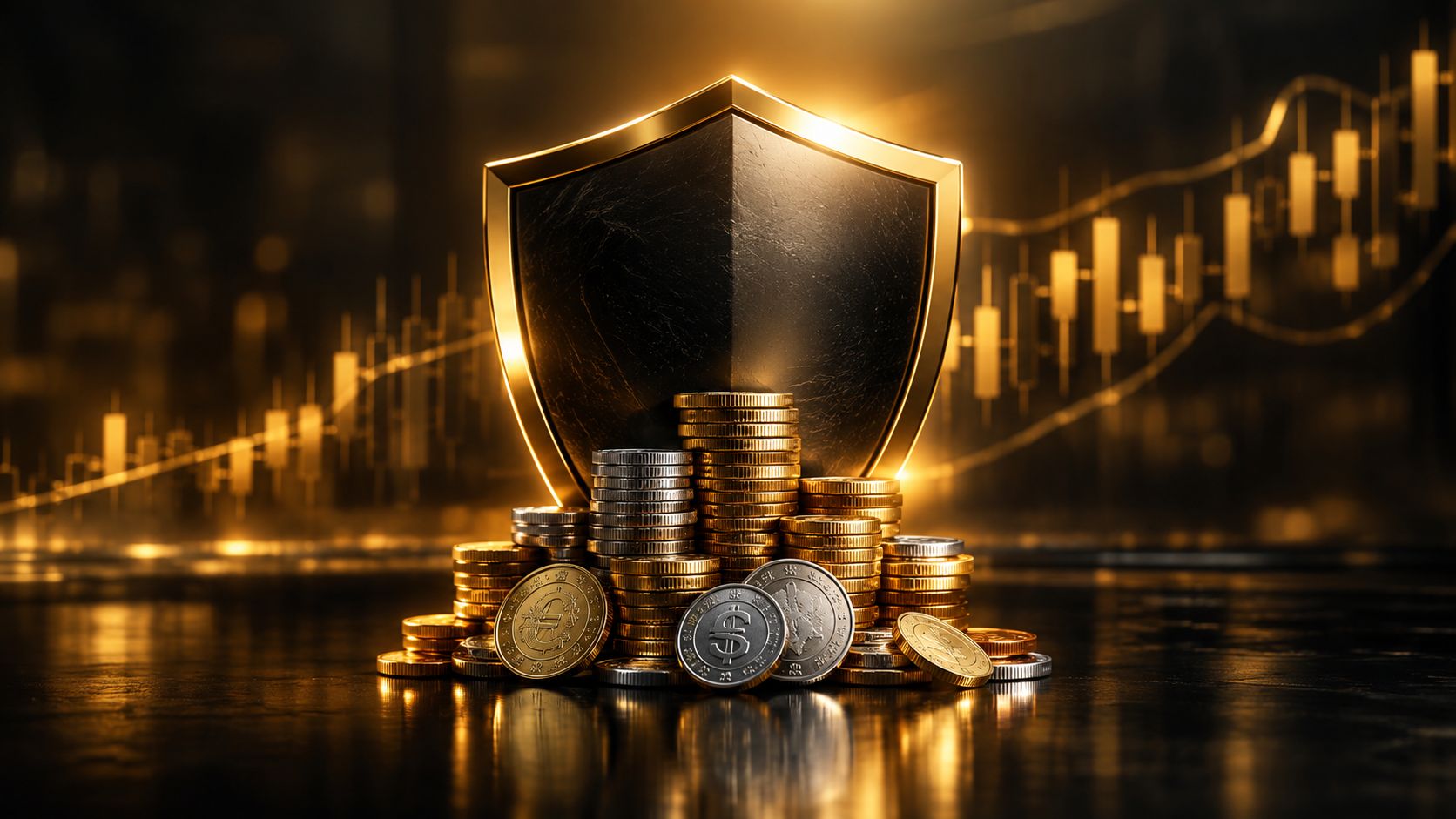 Shield protecting a stack of mixed currency coins with a chart behind